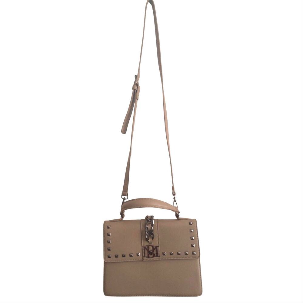 Badgley Mischka TurnKey studded embellished crossbody purse tan handle 10x7.5 in